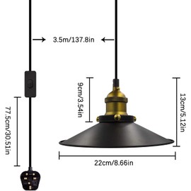 Bronze Industrial Plug in Pendant Light,Vintage Plug in Pendant Lighting,4.5M Adjustable Plug in Ceiling Light,Retro Brass Lampshade Hanging Lamp with Switch,E26/E27 Black Pendant Light Fitting