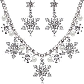 Snowflake Necklace Earrings Set for Women Snowflake Jewelry Set Snowflake Pendent Necklace With Pearl Charm Crystal Snowflake Dangle Earrings Winter Christmas Jewelry Gifts