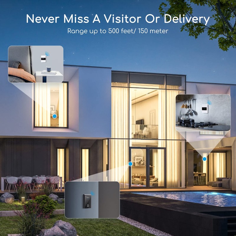 Aigostar waterproof portable wireless bell set, doorbell kit, LED flashing,