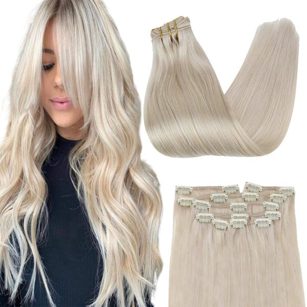 VeSunny Blonde Hair Extensions Clip in Human Hair #60 Platinum