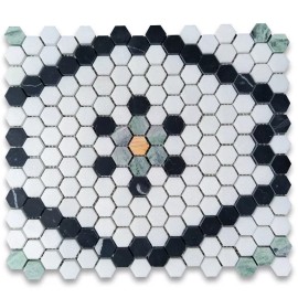 Stone Center Online T31F6XH Thassos White Marble Hexagon Snowflake Mosaic Tile Black Green Gold