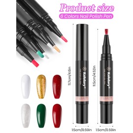 Kalolary 6 Colors Nail Polish Pen, Christmas 3 IN 1 One Step Nail Gel Pen Brush for Nail Art DIY Drawing Polish Pen DIY Home Salon(No Need Base and Top Coat)