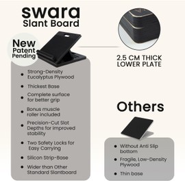 Swara Professional 14″ Wide Portable Wooden Slant Board for Calf Stretching – Black Premium Adjustable Eucalyptus Calf Stretcher/Foot Rest with Bonus Muscle Roller Stick for Squats & Exercise