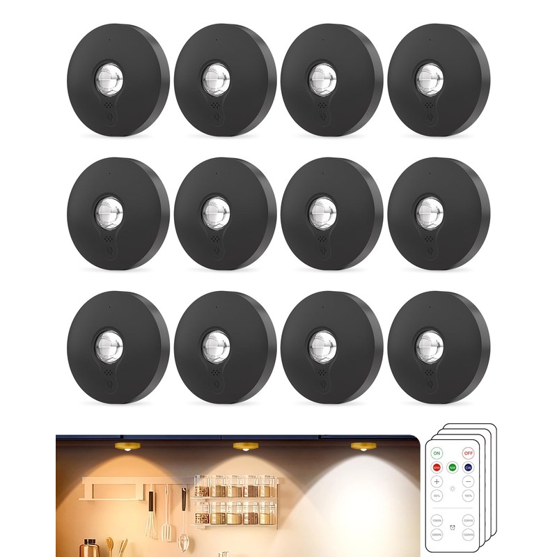 Aokpsrt Rechargeable Puck Lights, 12-Pack LED Tap Lights with Remote,