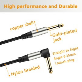 Adoerpai 2-Pack Guitar Cables 1/4 Inch 6.35mm Male to Male Jack Right Angle to Straight Nylon Braided TS Mono Instrument Cable (Pack of 2-16FT)