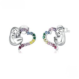 PAHALA 925 Sterling Silver Rainbow Color Heart With Crystals Sloth Stud Earrings