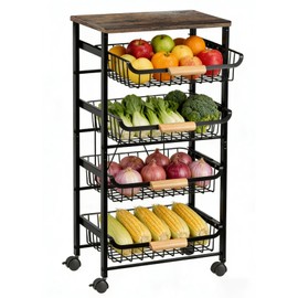 ULIKEUS 5-Tier Utility Kitchen Cart Storage with Pull-Out Baskets and Wood Top,Heavy Duty Multi Rolling Pantry Kitchen Cart on Wheels for Fruit Potato Onion Vegetable Snack Produce,Black