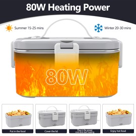 HaureiGi Electric Lunch Box for Adults, 80W Portable Warmer Leakproof Food Heater for Car Truck Work, 1.8L Heated LunchBoxes with Insulated Lunch Bag 12V 24V 110V(Gray)