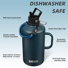 BJPKPK 1 Gallon Water Bottle Insulated with Straw Lid, 128oz Large, Stainless Steel Water Bottles with 3 Lids and Paracord Strap, Double Wall Vacuum Metal Water Jug,Navy Blue