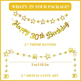 30th Birthday Decorations Gold Banner - 4 Pcs Gold Happy 30th Birthday Garland Banner Number 30 Circle Dot Twinkle Star Garland Hanging Streamer for Happy 30 Year Old Thirty Anniversary Party Supplies