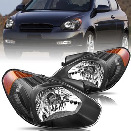 Aosky Headlight Assembly Fits for 2007 2008 2009 2010 2011 Hyundai Accent Replacement Front Light Headlamp Pair Set Black Housing & Amber Reflector