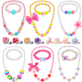 Juego de 6 juegos de joyas para niñas pequeñas, incluye collar de abalorio para niños, pulsera con 8 anillos para fiestas de cumpleaños de Navidad, disfraces (bola de color, estilo lazo)