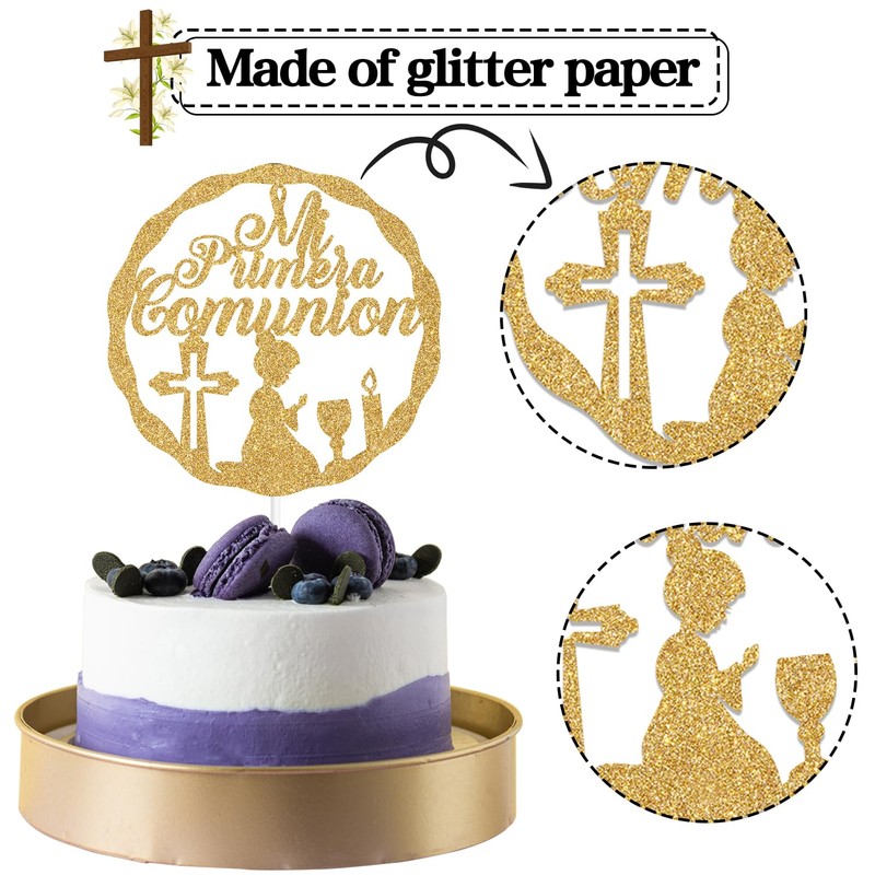 Decoración para tartas Mi Primera Comunión con purpurina dorada, Haven