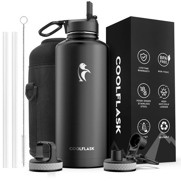 Coolflask Insulated Water Bottle 87 oz with Straw, 2/3 Gallon Stainless Steel Metal 3 Lids Large Water Jug for Sports or Office, BPA-Free Keep Cold Up to 48 Hrs or Hot Up to 24 Hrs, Magic Black