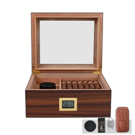 CIGAROL Cigar Humidor, Desktop Cigar Humidor Box, Glass Top Cigar humidor with Hygrometer, Humidifier Cigar Cutter, Leather Cigar Case Cedar Wood Desktop Humidors Cigar Box for Men for 30-35 Cigars