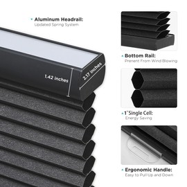 Joydeco Honeycomb Shades, Black Cordless Cellular Shades Blackout, Free-Stop Honeycomb Window Blinds for Bathroom, Bedroom, Living Room, Office, Kitchen (36" W x 64" H)