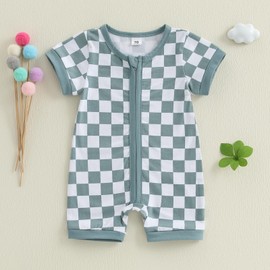 KtwHarnu Newborn Baby Boy Girl Clothes Checkered Plaid Short Sleeve Zipper Romper Jumpsuit One Piece Bodysuit Summer Outfit (C-Blue, 6-12 Months)