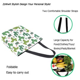 ZzWwR Chic Desert Blooming Cactus Pattern Extra Large Canvas Beach Travel Reusable Grocery Shopping Tote Bag Portable Storage HandBag,Green White