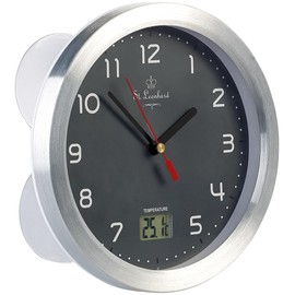St. Leonhard Shower Clock: Bathroom Wall Clock with LCD Thermometer, Aluminium Frame, IPX4, Grey (Wall Clock With Suction Cups, Bathroom Clocks, Pool)