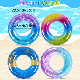 Wettarn 4 Pcs Rainbow Glitter Pool Float Inflatable for Kids Adults Rainbow Swimming Pool Rings Confetti Pool Tube Supplies for Summer Beach Outdoor Water Activities (Novel Style)