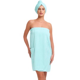 Knuffnee Women Wrap Towel Shower Spa Wraps Terry Cloth Bathrobe Adjustable Bath Wrap Blue S/M
