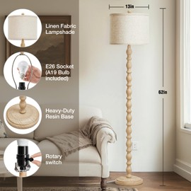 Luvkczc 62" Floor Lamps for Living Room,3 Color Temperature Standing Lamp, Vintage Farmhouse Floor Lamp with Rotary Switch, Rustic Resin Tall Lamps for Living Room, Bedroom, Office, Corner (Cream)