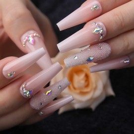 MqpQ Luxury Ombre Pink Press On Nails Rhinestones Long Coffin Colorful Caviar Fake Nails 24pc Glossy Full Cover False Nails For Women