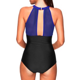 Tempt Me - Traje de baño de una pieza para mujer, cuello alto, fruncido, control de abdomen, Azul Negro, X-Small