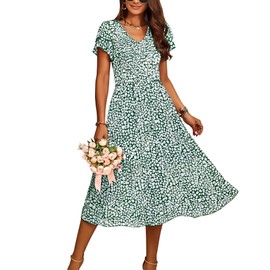 BTFBM Women Casual Summer Short Ruffles Tiered Sleeve Smocked Midi Dresses Bohemian Floral V Neck Wedding Guest Long Dresses(Floral Dark Green,Medium)
