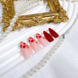 24pcs Fall Press on Nails Medium Almond Fake Nails with Maple Leaf Designs Autumn Leaves False Nail Thanksgiving Artificial Nails Kit Red Full Cover Glue on Nail for Women DIY Manicure