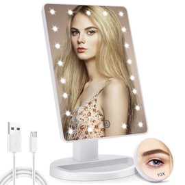 COSMIRROR Espejo de maquillaje iluminado con espejo de aumento de 10 veces, 21 espejo con luz LED con atenuación del sensor táctil, rotación...       