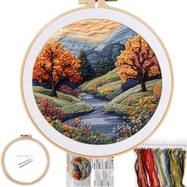 FONNUY Embroidery Kit for Beginners, Boho Nature Landscape Pre-Stamped Pattern Kits for Adults with Hoop, Easy to Follow Color Thread Needlework, 8'' Hoop (Mountain Trail)