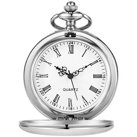 Tiong Silver Smooth Steel Bracket Design Men's Pocket Watch Roman Numerals Quartz Pocket Watches with Chain for Men Women