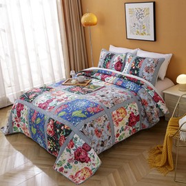 Cotton Bedspread Quilt Sets 3-Piece Reversible Bedding Coverlet Sets Comforters Vintage Luxury Gorgeous Floral Real Patchwork Bedspread,Queen Size Blue