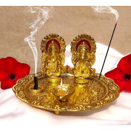 Aluminium Golden Color Plated Laxmi Ganesha Idol with Platter Plate for Puja Diwali Gift Items Deepawali Decorations Indian Dhanteras Pooja Statue Thali