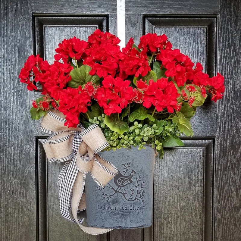 Red Geranium Barrel Wreath Front Door Red Geranium Basket Wreath
