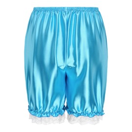 Satini Frilly Lace Sissy Ruffled Victorian Lolita Bloomer Shorts Silky Satin Pumpkin Pantaloon Pettipants (Aqua Blue, XL)
