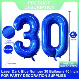 Blue 30 Number Balloons 40 Inch Giant Laser Navy Blue 30 Helium Balloons for 30th Boys Birthday Party Supplies 30th Anniversary Events Decorations