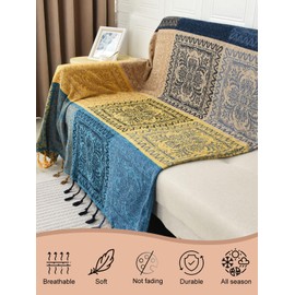 Shesyuki Bohemian Throw Blanket, Chenille Jacquard Tassels Cover for Couch Bed, Decorative Sofa Slipcover Protector - Colorful Tribal Pattern(Blue, 86 * 102 in)