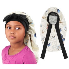brcok Kids Braid Long Bonnet Girls Satin Bonnet Sleeping Cap Double Layer with tie Band Silk Hair Bonnet for Toddler Child (Kids Long Butterfly)