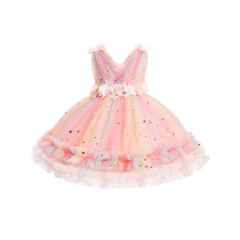 IBTOM CASTLE Birthday Dress for Girls, Toddler Baby Sequin Rainbow Tulle Tutu Party Dress 3D Flower Pageant Formal Flower Girl Dress Christmas Photoshoot Dance Gown Gown Pink-Rainbow 4-5 Years