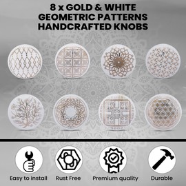 ETHNICITI 8 x Round Gold & White Handmade Geometric Ceramic Door Knobs Cupboards Drawers Cabinets Wardrobe Assorted Vintage Shabby Chic Kitchen Bedroom Living Room Furniture Dressers Pulls Handles