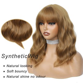 Amarlis Brown Bob Wig with Bangs Loose Wavy Light Brown Wig for Women Heat Resistant Synthetic Wigs for Daily Party Use 14 Inch