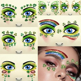 Yosca 6Pcs St Patricks Day Temporary Tattoos, Green Clover Face Stickers for St. Patrick's Day Glitter Makeup, Self Adhesive Shamrock Face Tattoos Art Sticker for Parade Irish Party Rave Accessories