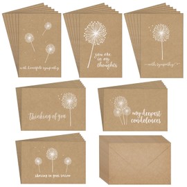 Blank Sympathy Cards with Envelopes - Set of 36-4 x 6 in Kraft Paper & Brown Envelopes - Dandelion Floral Design - Condolence Card Box - Thinking of You & Support