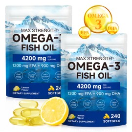 Omega 3 Fish Oil 4200mg, Triple Strength 1200mg EPA & 900mg DHA, Wild Caught Norwegian Fish, Enteric Coated, No Fishy Burps, Lemon Flavor, Supports Heart, Brain & Joint Health, 240 Softgels, 2 Pack
