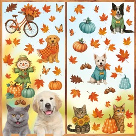 Aurlan Fall Cat Dog Window Stickers,Fall Window Clings,Autumn Scarecrow Wall Decals,Autumn Maple Leaves Pumpkin Wall Stickers,Thanksgiving Harvest Decals for Home Kitchen Bedroom Living Room Office