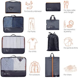 DIMJ Packing Cubes 8 Sets Travel Luggage Organizers for Suitcases Packing Organiser with Label Shoe Storage Bags Laundry Bag, Black