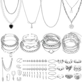 NEWITIN 83 Pieces Silver Jewelry Set for Women Fashion Costume Jewelry Silver Plated Necklace Bracelet Ring Ear Cuff Earrings Set for Women