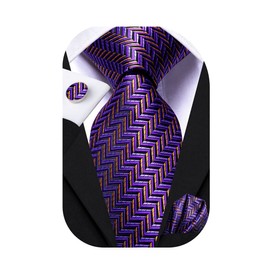 Dubulle Mens Paisley Silk Tie for Men Gold Purple Striped Necktie and Pocket Square Cufflinks Set Wedding Business